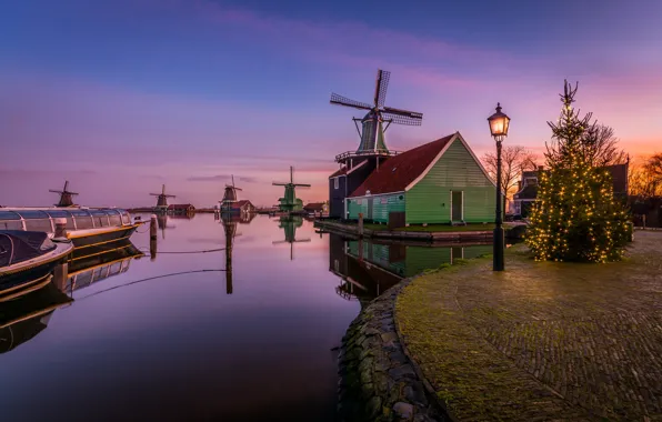 Picture the evening, lights, channel, mill, Netherlands, Holland, North Holland, Zaanse Schans