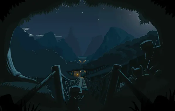 Picture mountains, night, bridge, lights, castle, ambush, Mini Ninjas