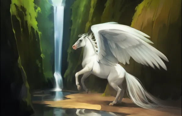 Picture water, river, fiction, horse, waterfall, wings, Pegasus