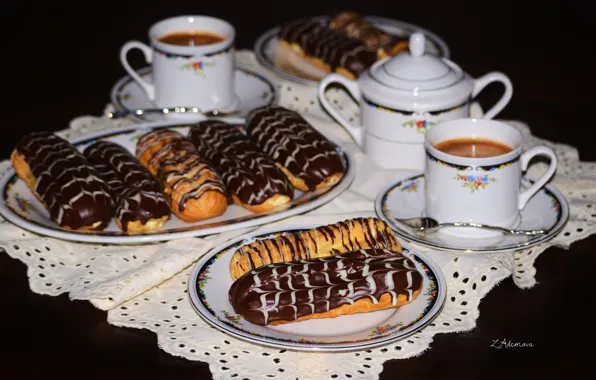Picture coffee, cake, eclairs
