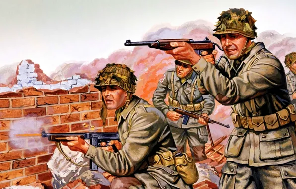 Soldiers, USA, The Second World War, Carabiner, Submachine gun Thompson, M1A1