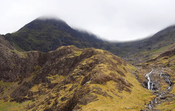 Clouds, mountains, fog, stream, stones, rocks, UK, Wales