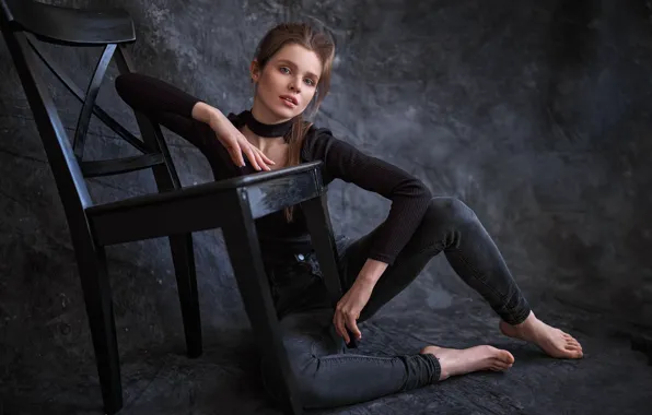 Girl, pose, jeans, barefoot, chair, brown hair, barefoot, Vyacheslav Shishkov