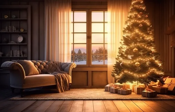 Picture winter, decoration, room, balls, tree, interior, New Year, Christmas