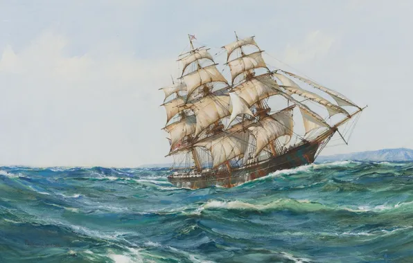 Sea, sailboat, sails, Montague Dawson