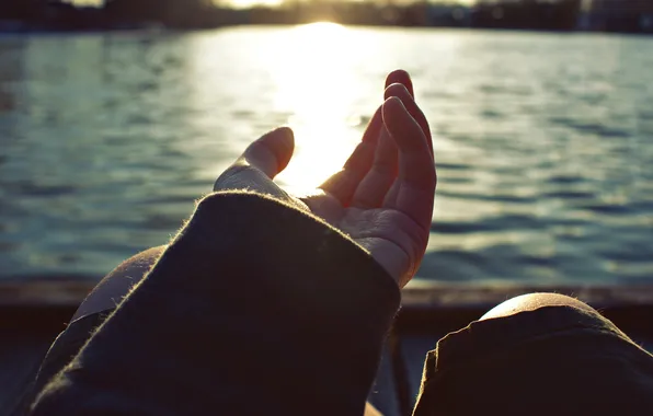 Picture water, sunset, hand, fingers