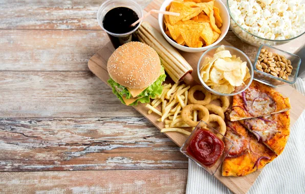 Picture pizza, ketchup, chips, French fries, Burger, fast food, onion rings