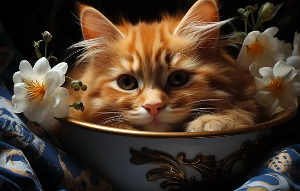 Cat, look, light, flowers, pose, the dark background, kitty, portrait