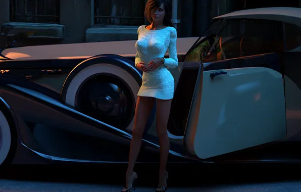 Picture auto, girl, rendering, street, beauty, the evening, dress, car