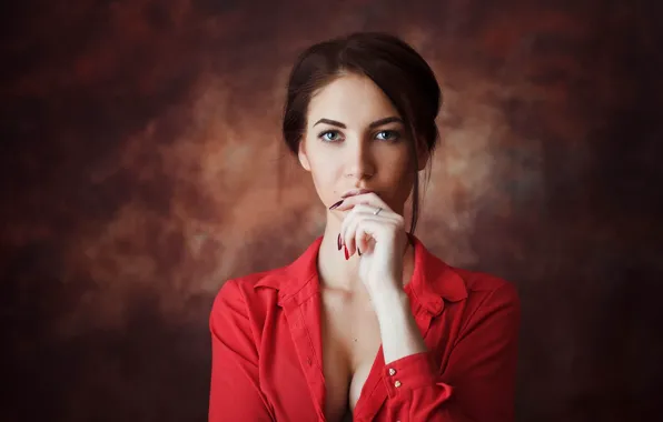 Girl, background, portrait, makeup, hairstyle, brown hair, beautiful, in red