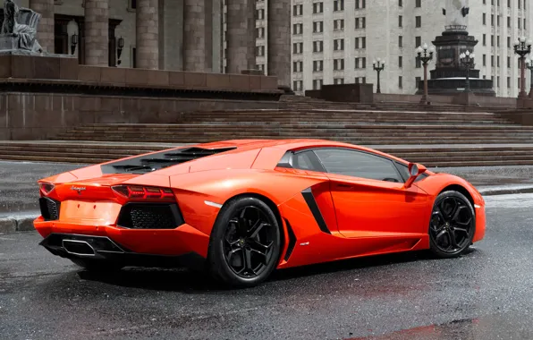 Building, orange, rear view, orange, Lamborghini, aventador, lamborghini lp700-4 aventador