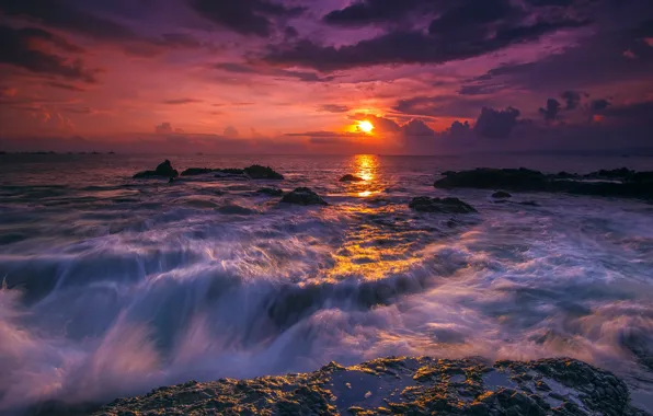 Sunset, The sun, The sky, Water, Clouds, Sea, Stones, Shoal
