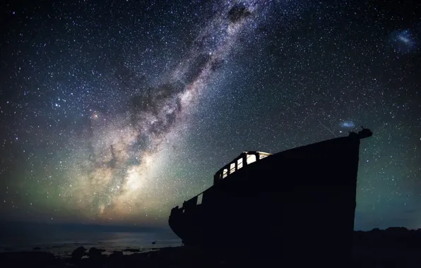 Picture stars, night, boat, New Zealand, The milky way, Ghost