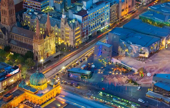 Lights, Australia, Melbourne, St. Paul's Cathedral, Federation Square, station Flinders street