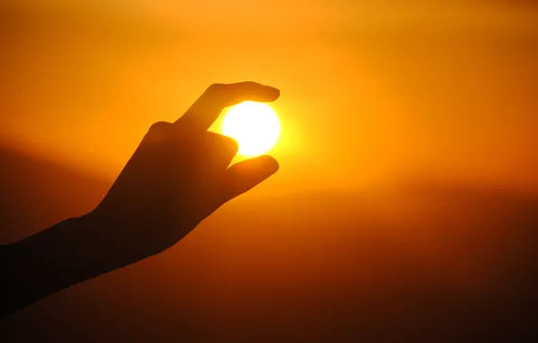 Picture the sun, sunset, hand, silhouette
