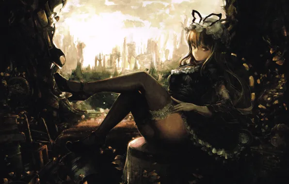 Nora, dump, cave, black dress, art, flirting, Touhou, Yukari Yakumo