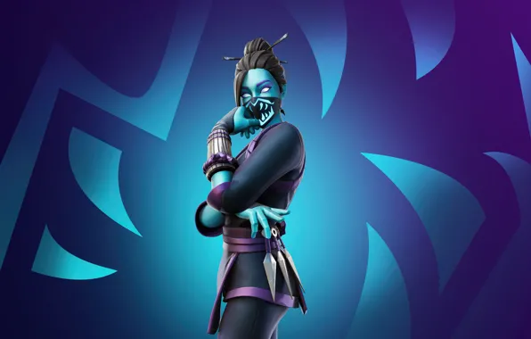 Picture the game, brunette, mask, character, glowing eyes, Fortnite, Valorant, Red Jade