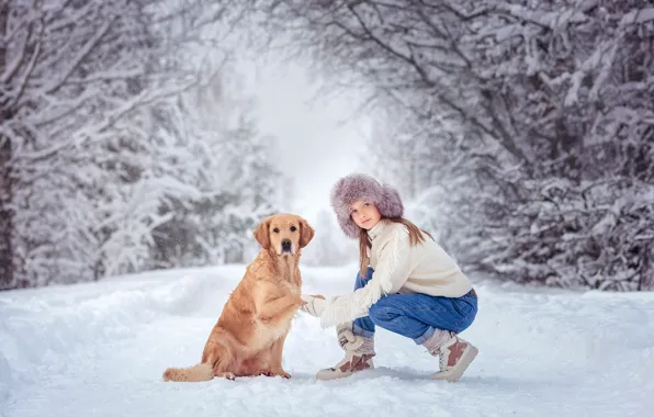 Picture winter, girl, snow, trees, nature, animal, dog, dog