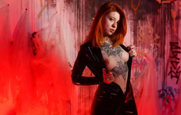 Chest, girl, pose, background, tattoo, latex, red, jumpsuit
