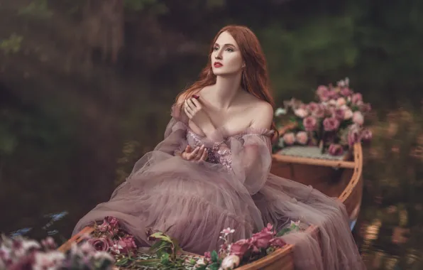 Look, girl, flowers, nature, face, pose, lake, boat