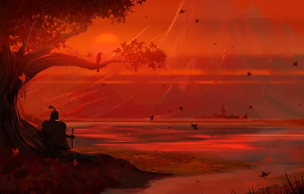 Sunset, The sun, The evening, Tree, Autumn, Lake, Leaves, Castle