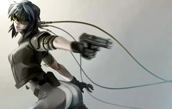 Girl, gun, weapons, movement, wire, art, glasses, ghost in the shell
