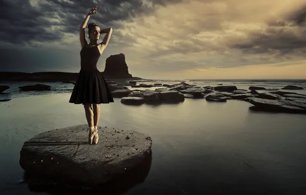 Water, girl, pose, stones, ballerina