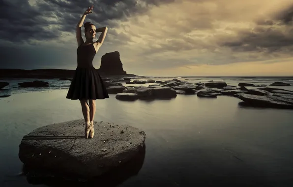 Picture water, girl, pose, stone, ballerina