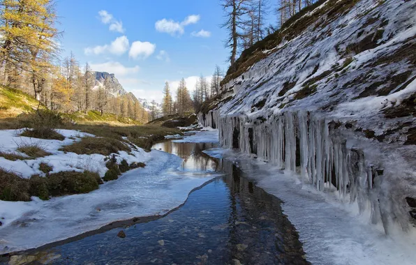 Picture ice, autumn, the sky, clouds, trees, mountains, rocks