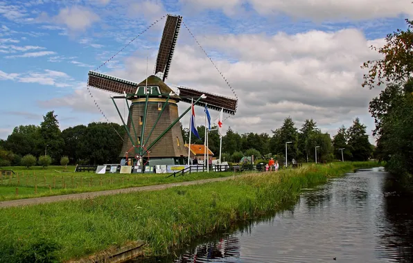 The sky, clouds, trees, people, mill, channel, nederland, Netherlands