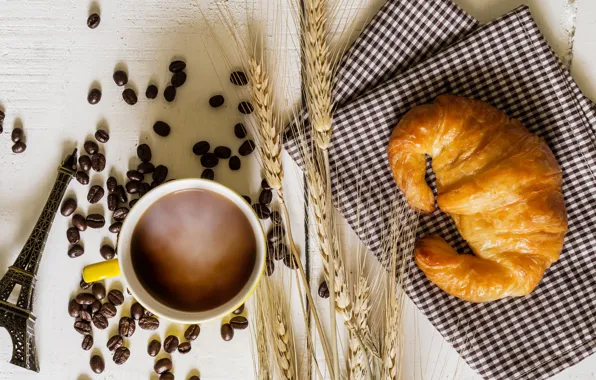 Picture coffee, grain, Breakfast, Cup, cup, beans, coffee, croissants