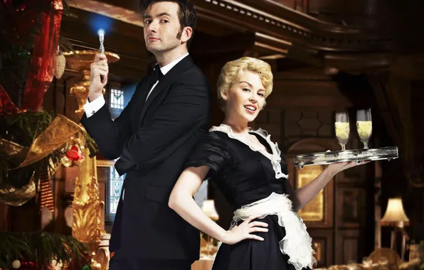 Smile, costume, the waitress, Doctor Who, Kylie Minogue, tray, Doctor Who, tuxedo