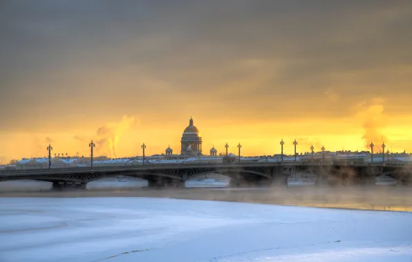 Winter, the sky, snow, bridge, river, frost, Eduard Gordeev, Saint Petersburg