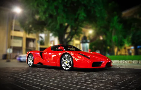 Picture night, the city, lights, Parking, red, ferrari, enzo