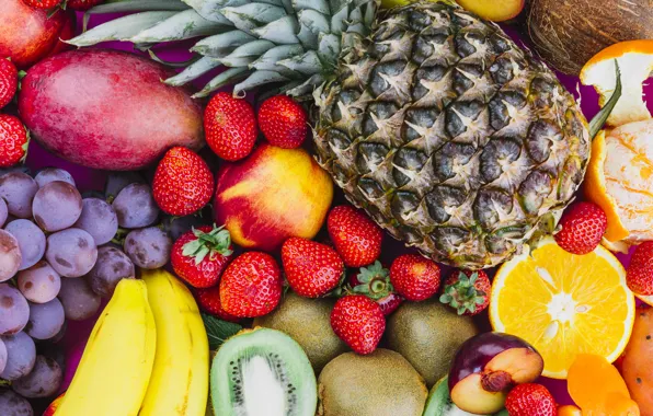 Coconut, kiwi, strawberry, grapes, citrus, fruit, mango, pineapple