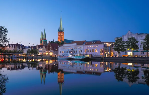 Picture bridge, the city, river, building, home, boats, the evening, Germany