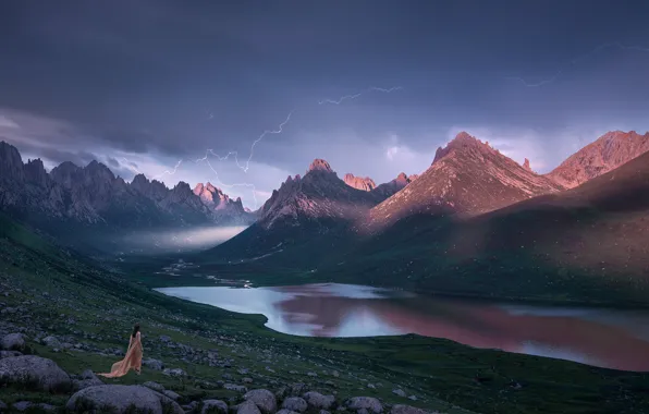 The storm, the sky, girl, clouds, light, mountains, clouds, fog