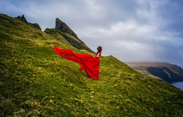 Girl, coast, Denmark, red dress, Faroe Islands, Faroe Islands, Denmark, Mykines