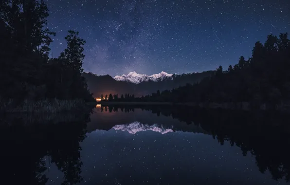 Forest, the sky, stars, mountains, night, lake, New Zealand