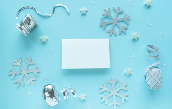 Winter, balls, snowflakes, holiday, Christmas, New year, serpentine, stars