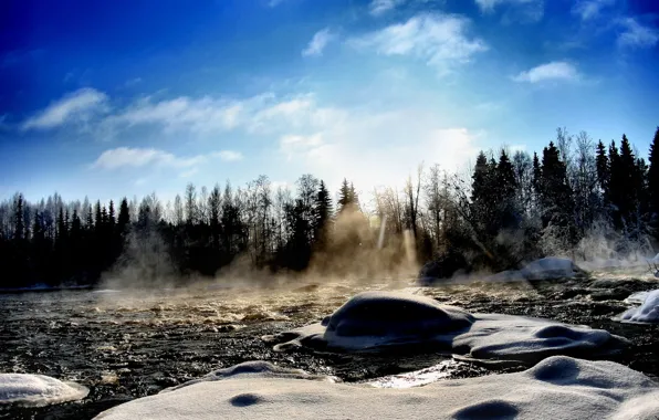 Picture winter, snow, trees, River