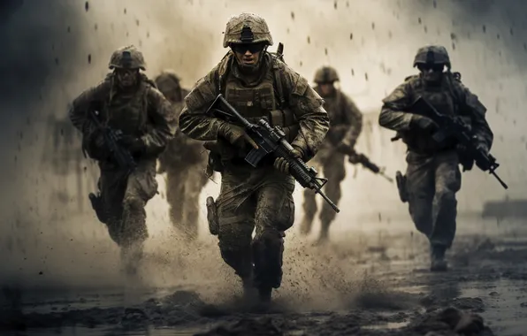 Running, Dirt, Soldiers, Men, Digital art, Equipment, Machines, AI art