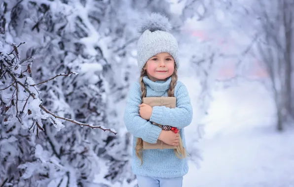 Winter, snow, branches, nature, girl, braids, baby, child