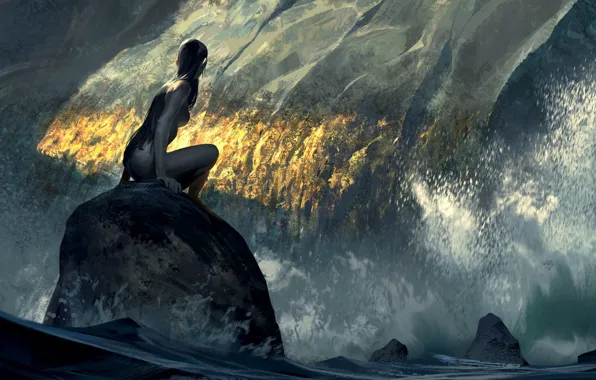 Girl, squirt, hair, stone, body, Water