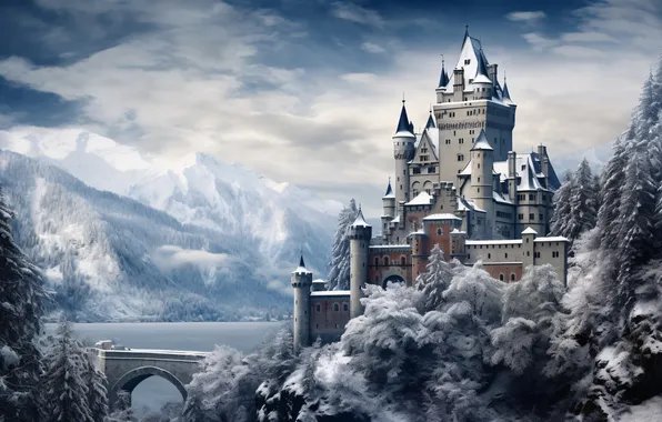 Winter, snow, mountains, castle, river, winter, castle, snowy