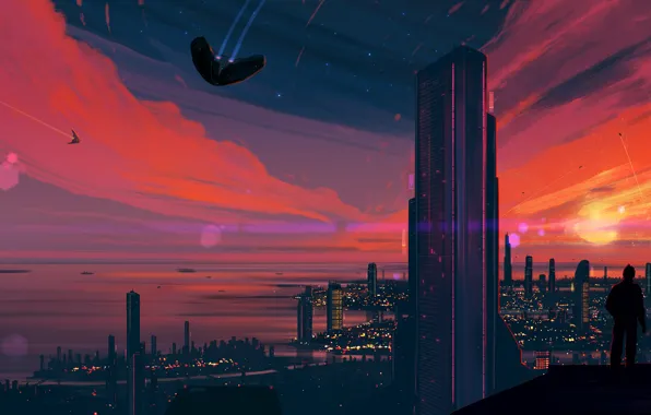 Sunset, The sun, The city, Silhouette, Skyscrapers, Building, City, Art