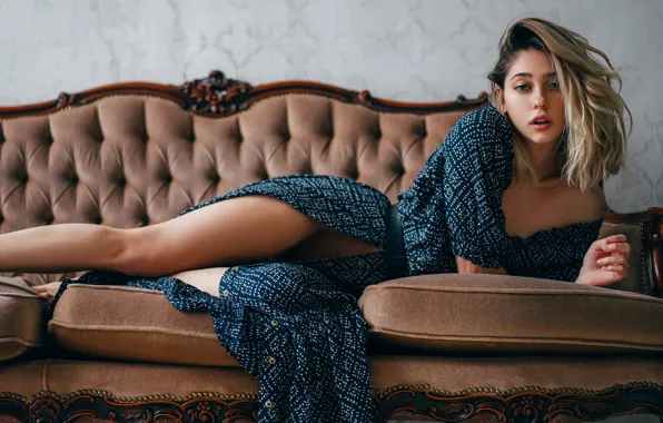 Look, girl, pose, sofa, dress, legs, Alexei Trifonov, Amalia Lee