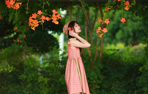 Beautiful, Asian, Model, Tree, Flowers, Smile, Woman, Cute