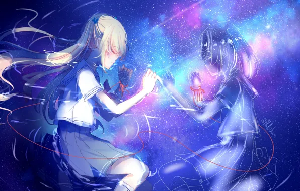 Fantasy, Ghost, schoolgirl, in the water, red thread, closed eyes, sailor, alter ego