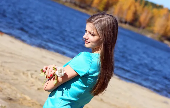 Picture GIRL, WHITE, BROWN hair, POND, SHORE, ROSE